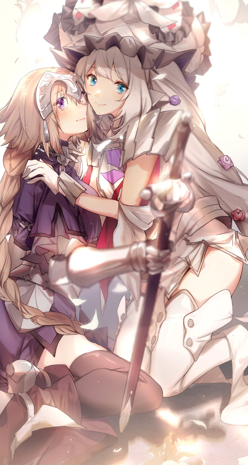 2girls armor armored_dress bangs black_bow black_legwear blonde_hair blue_dress blue_eyes blurry_foreground boots bow braid braided_ponytail chain closed_mouth dress faulds gloves hair_between_eyes hair_bow hand_on_another's_shoulder hat headpiece highres holding holding_sheath jeanne_d'arc_(fate) jeanne_d'arc_(fate)_(all) kneeling long_hair marie_antoinette_(fate/grand_order) multiple_girls no-kan ponytail purple_eyes sheath sheathed shiny shiny_clothes shiny_hair shiny_legwear short_dress silver_hair simple_background sitting smile sword thigh_boots thighhighs very_long_hair weapon white_background white_dress white_footwear white_gloves white_headwear yuri