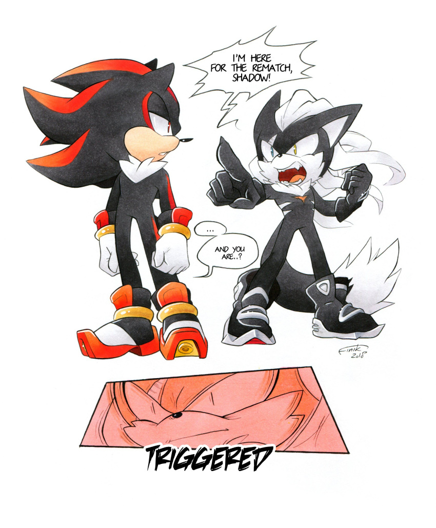 2018 absurd_res angry anthro canid canine clothing dialogue duo english_text eulipotyphlan eye_contact finikart footwear fur gloves handwear hedgehog heterochromia hi_res infinite_(sonic) looking_at_another male mammal open_mouth red_eyes shadow_the_hedgehog simple_background sonic_forces sonic_the_hedgehog_(series) speech_bubble teeth text tuft video_games