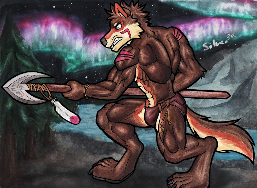 anthro aurora_borealis bottomwear canid canine canis clothing hi_res loincloth male mammal markings melee_weapon muscular muscular_anthro muscular_male northern painting_(artwork) polearm silverferak solo spear tattoo torik traditional_media_(artwork) tribal watercolor_(artwork) weapon wilderness wolf