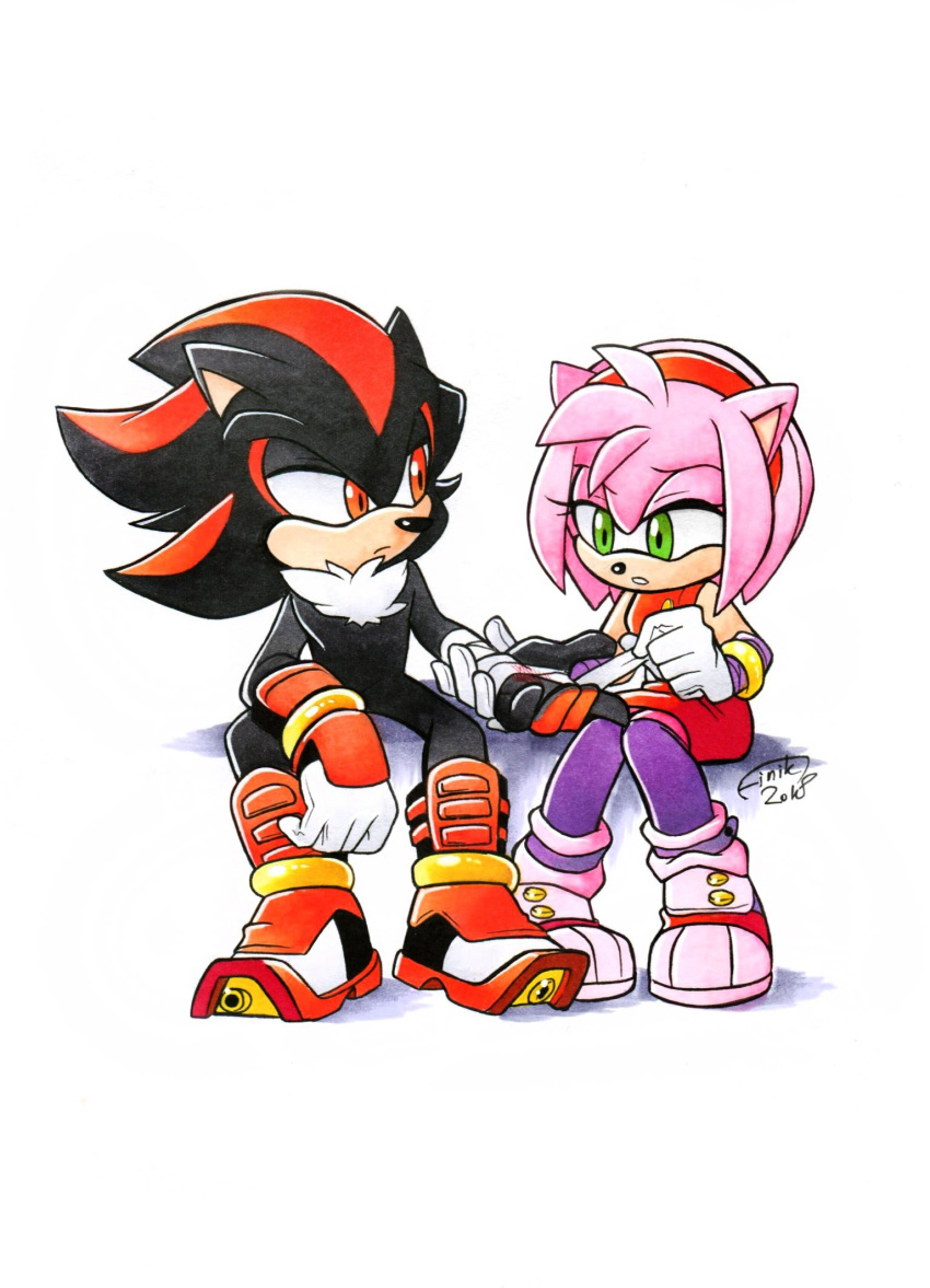 2018 accessory amy_rose anthro blood bodily_fluids clothing duo eulipotyphlan female finikart footwear gloves green_eyes hair_accessory hairband handwear hedgehog hi_res male mammal red_eyes shadow_the_hedgehog signature simple_background sitting sonic_the_hedgehog_(series) tuft video_games wounded
