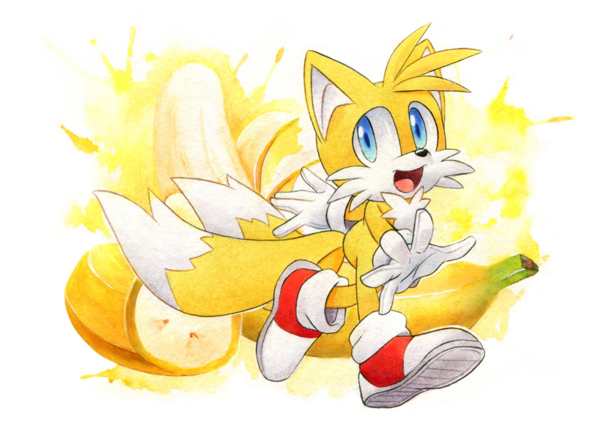 2020 anthro banana blue_eyes canid canine clothing finikart food footwear fox fruit fur gloves handwear male mammal miles_prower open_mouth open_smile plant signature smile solo sonic_the_hedgehog_(series) video_games