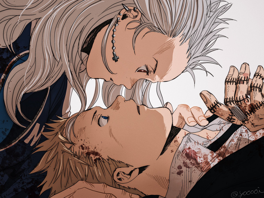 1boy 1girl black_jacket black_neckwear blonde_hair blood blood_on_face bloody_clothes blue_eyes blue_jacket brown_eyes collared_shirt dorohedoro dress_shirt earrings forehead highres jacket jewelry leaning_forward long_hair looking_at_another lying noi_(dorohedoro) on_back open_mouth profile shin_(dorohedoro) shirt short_hair silver_hair simple_background spiked_hair stitches twitter_username upper_body white_background white_shirt yooooi