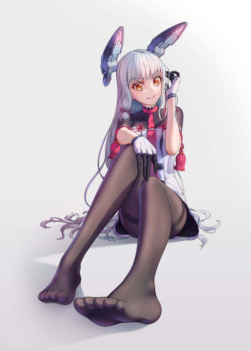 1girl absurdres black_legwear commentary_request dress eyebrows_visible_through_hair full_body hair_ribbon headgear highres kantai_collection long_hair looking_at_viewer murakumo_(kantai_collection) necktie no_shoes orange_eyes pantyhose rankebu red_neckwear remodel_(kantai_collection) ribbon sailor_dress sidelocks silver_hair simple_background solo strapless strapless_dress thighband_pantyhose tress_ribbon very_long_hair white_background