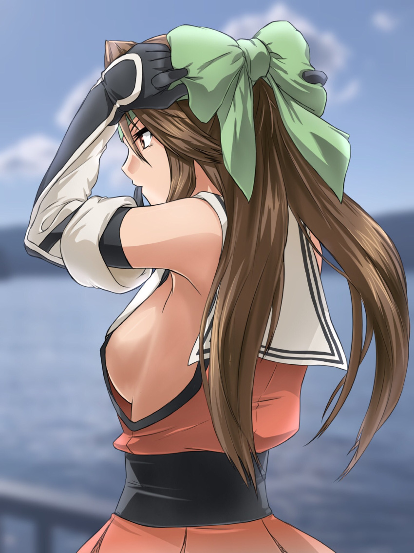 1girl akito_(sub707) blue_sky blurry bow breasts brown_eyes brown_hair cloud commentary_request day depth_of_field detached_sleeves elbow_gloves forehead_protector from_behind gloves green_bow hair_bow hair_intakes half_updo highres jintsuu_(kantai_collection) kantai_collection long_hair orange_serafuku outdoors pleated_skirt remodel_(kantai_collection) school_uniform serafuku sideboob skirt sky solo upper_body