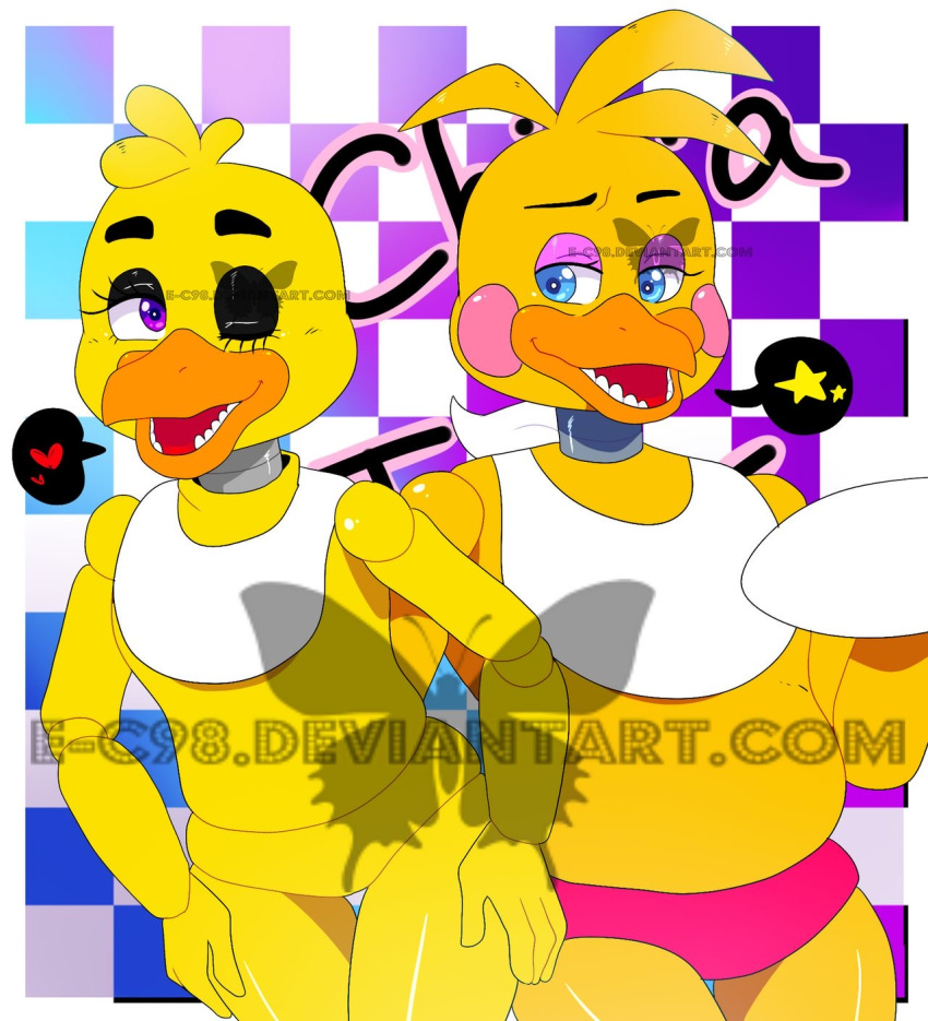 &lt;3 2015 animatronic anthro avian bib bird blue_eyes chica_(fnaf) chicken clothing distracting_watermark duo e-c98 eye_contact female five_nights_at_freddy's five_nights_at_freddy's_2 galliform gallus_(genus) glistening glistening_body hand_on_hip head_tuft hi_res holding_object holding_plate looking_at_another machine one_eye_closed open_mouth open_smile panties phasianid pink_cheeks pink_clothing pink_panties pink_underwear purple_eyes raised_arm robot smile star toy_chica_(fnaf) tuft underwear video_games watermark wink yellow_body
