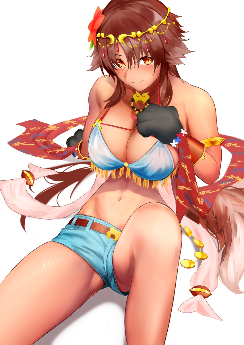1girl absurdres animal_ears arm_support armlet bangs bare_shoulders belt bikini bikini_shorts bikini_top blue_bikini blue_shorts blush breasts brown_belt brown_eyes brown_hair circlet cleavage commentary_request cowboy_shot dark_skin dark_skinned_female dog_ears dog_tail eyebrows_visible_through_hair flower gloves groin hair_between_eyes hair_flower hair_ornament hand_on_own_chest highres jewelry kaori_(princess_connect!) knee_up large_breasts long_hair looking_at_viewer midriff navel necklace official_alternate_costume paw_gloves paws princess_connect! princess_connect!_re:dive red_shawl shadow shawl short_shorts shorts sidelocks simple_background sitting smile solo swimsuit tail usagits_00 very_long_hair white_background