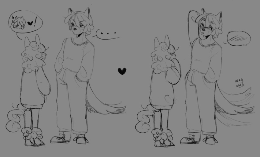 &lt;3 ... anthro bovid canid canine canis caprine clothing devin_(yungyiff) domestic_dog duo female flirting flustered hand_behind_head hanecco hi_res male mammal monochrome scratching_head sheep shy sweater topwear