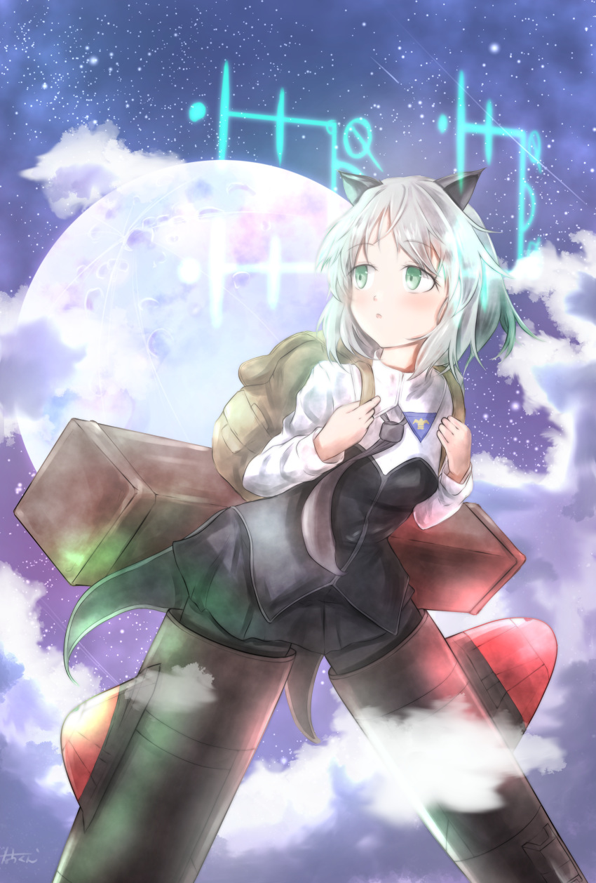 1girl absurdres animal_ears backpack bag black_neckwear black_skirt blush cat_ears cat_tail closed_eyes coat flying full_moon grey_hair highres hirschgeweih_antennas looking_at_viewer moon nachi-kun necktie parted_lips rocket_launcher sanya_v_litvyak short_hair skirt solo strike_witches striker_unit tail weapon white_coat world_witches_series