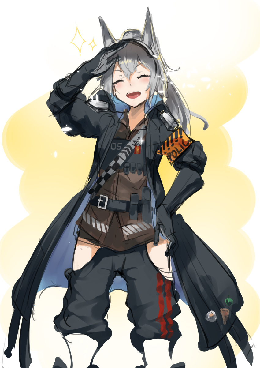 1girl absurdres animal_ears arknights armband black_coat black_gloves black_pants brown_shirt closed_eyes coat commentary feet_out_of_frame gloves grani_(arknights) grey_hair hair_between_eyes hand_on_hip highres hip_vent horse_ears issenniki long_hair open_clothes open_coat open_mouth pants salute shirt sketch solo sparkle standing