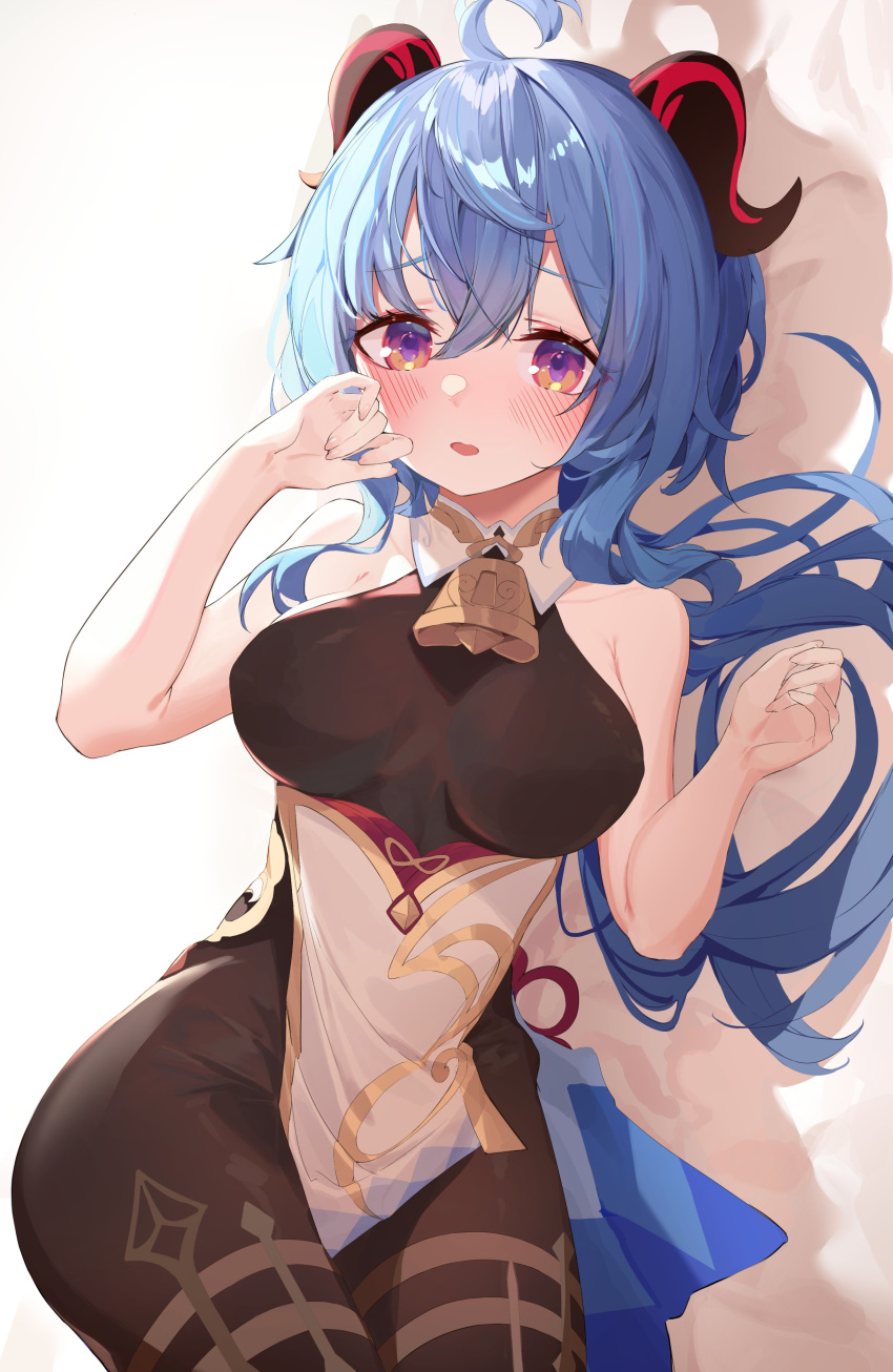 1girl absurdres ahoge bare_arms bare_shoulders bell blue_hair bodystocking breasts cowbell curled_horns ganyu_(genshin_impact) genshin_impact goat_horns gold_trim hair_between_eyes hands_up highres horns large_breasts long_hair looking_at_viewer munseonghwa parted_lips pelvic_curtain purple_eyes solo thighs