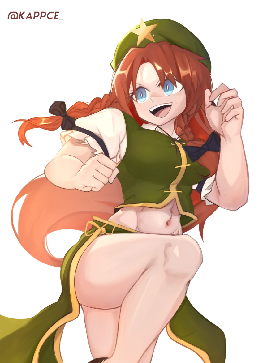 abs bangs beret black_bow blue_eyes bow braid chinese_clothes fighting_stance green_headwear green_vest hat highres hong_meiling kappce leg_up long_hair midriff navel open_mouth parted_bangs red_hair shirt short_sleeves signature simple_background star_(symbol) thighs touhou twin_braids vest white_background white_shirt