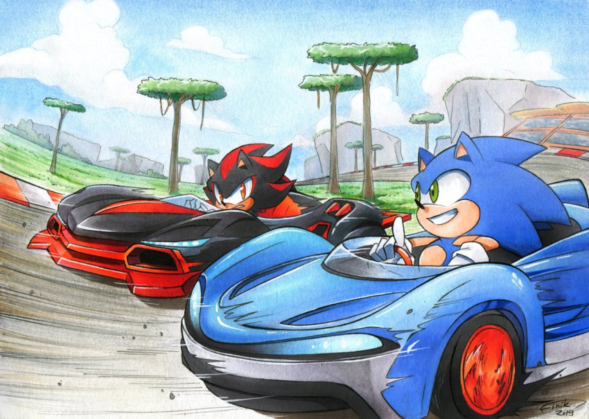 2019 anthro car clothing cloud day detailed_background duo eulipotyphlan eye_contact finikart gloves green_eyes handwear hedgehog looking_at_another male mammal motion_lines red_eyes shadow_the_hedgehog signature sonic_the_hedgehog sonic_the_hedgehog_(series) teeth vehicle video_games