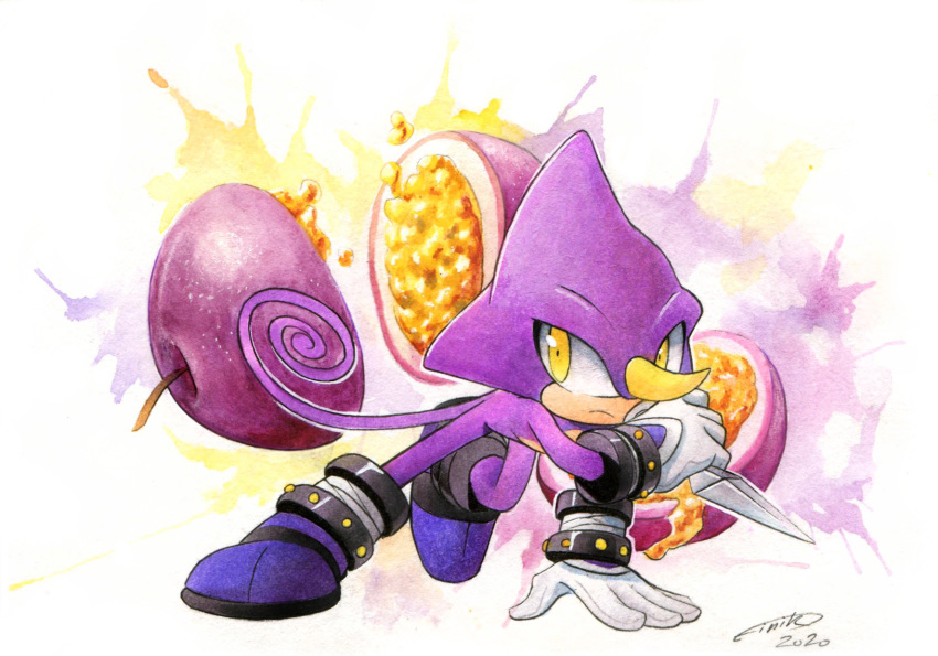 2020 anthro chameleon clothing espio_the_chameleon finikart food footwear fruit gloves handwear hi_res holding_object horn lizard male plant reptile scalie signature solo sonic_the_hedgehog_(series) video_games weapon yellow_eyes