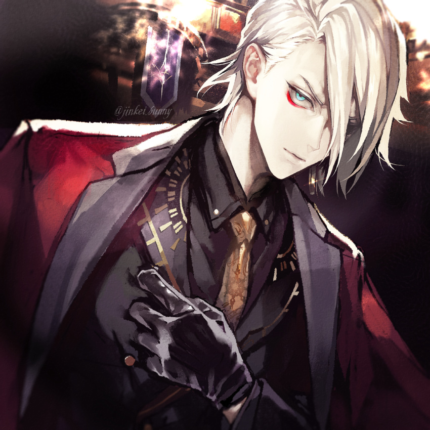 1boy bangs black_gloves black_jacket black_shirt blue_eyes closed_mouth coat coat_on_shoulders collared_shirt dress_shirt fate/grand_order fate_(series) formal gloves hair_between_eyes hair_over_one_eye hand_up heroic_spirit_formal_dress highres jacket karna_(fate) koshika_rina long_sleeves looking_at_viewer male_focus necktie pale_skin red_coat shirt short_hair solo twitter_username upper_body v-shaped_eyebrows white_hair yellow_neckwear