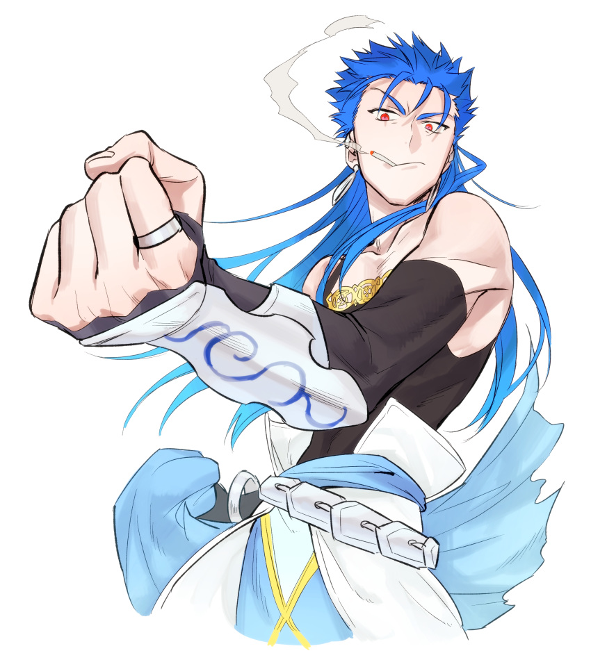 1boy angry belt blue_hair clenched_hand closed_mouth collarbone cu_chulainn_(fate)_(all) cu_chulainn_(fate/grand_order) detached_sleeves earrings fate/grand_order fate_(series) floating_hair foreshortening highres jewelry long_hair looking_at_viewer looking_down male_focus muscle namo red_eyes ring simple_background skin_tight smoke smoking solo spiked_hair tank_top type-moon vambraces