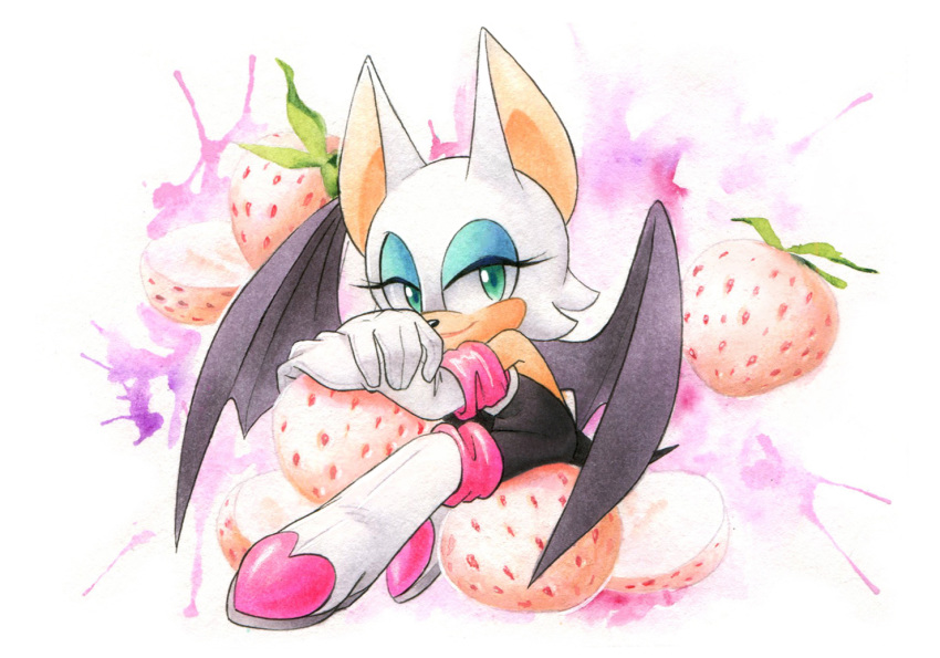 2020 anthro boots chiropteran clothing eyeshadow female finikart food footwear fruit fur gloves green_eyes handwear makeup mammal membrane_(anatomy) membranous_wings plant rouge_the_bat signature sitting smile solo sonic_the_hedgehog_(series) strawberry video_games wings