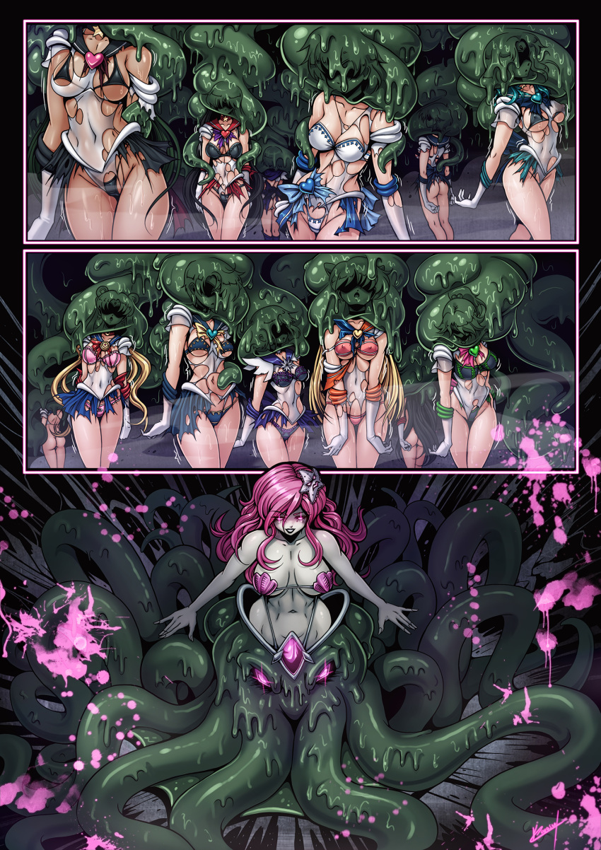 breasts clothed clothing comic corruption detailed detailed_background hi_res human karosu-maker madameer mammal mind_control monster pink_eyes sailor_scout skimpy tentacles torn_clothing underwear