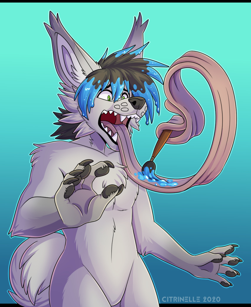 2020 5_fingers anthro black_hair canid canine canis citrinelle digital_media_(artwork) fingers fur green_eyes grey_body grey_fur hair hi_res lance_(radiantblaze) long_tongue male mammal open_mouth solo teeth tongue wolf