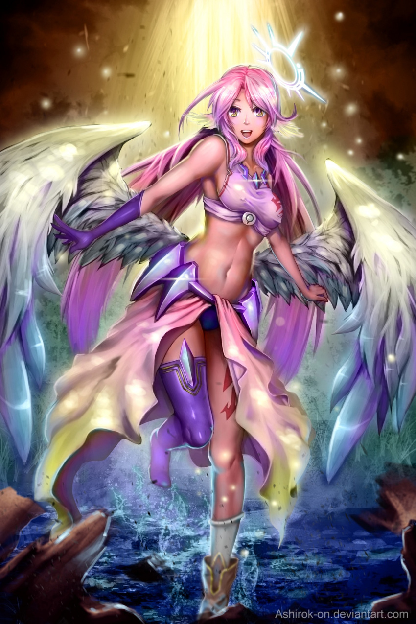 1girl :d angel_wings ashirok-on breasts commentary covered_nipples cross english_commentary feathered_wings gloves gradient_hair halo happy highres jibril_(no_game_no_life) long_hair looking_at_viewer low_wings magic_circle medium_breasts midriff mismatched_legwear multicolored_hair navel no_game_no_life open_mouth pink_hair shoes single_glove single_shoe smile solo symbol-shaped_pupils tattoo very_long_hair white_wings wing_ears wings yellow_eyes