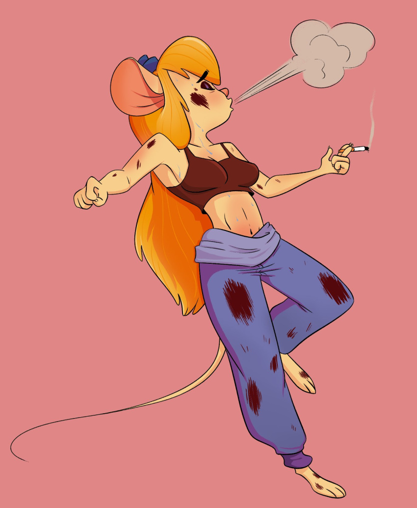 anthro bodily_fluids chip_'n_dale_rescue_rangers cigarette disney eyes_closed eyewear eyewear_on_head female gadget_hackwrench goggles goggles_on_head grease_stains hi_res mammal margoanimates midriff mouse murid murine rodent smoking solo sweat