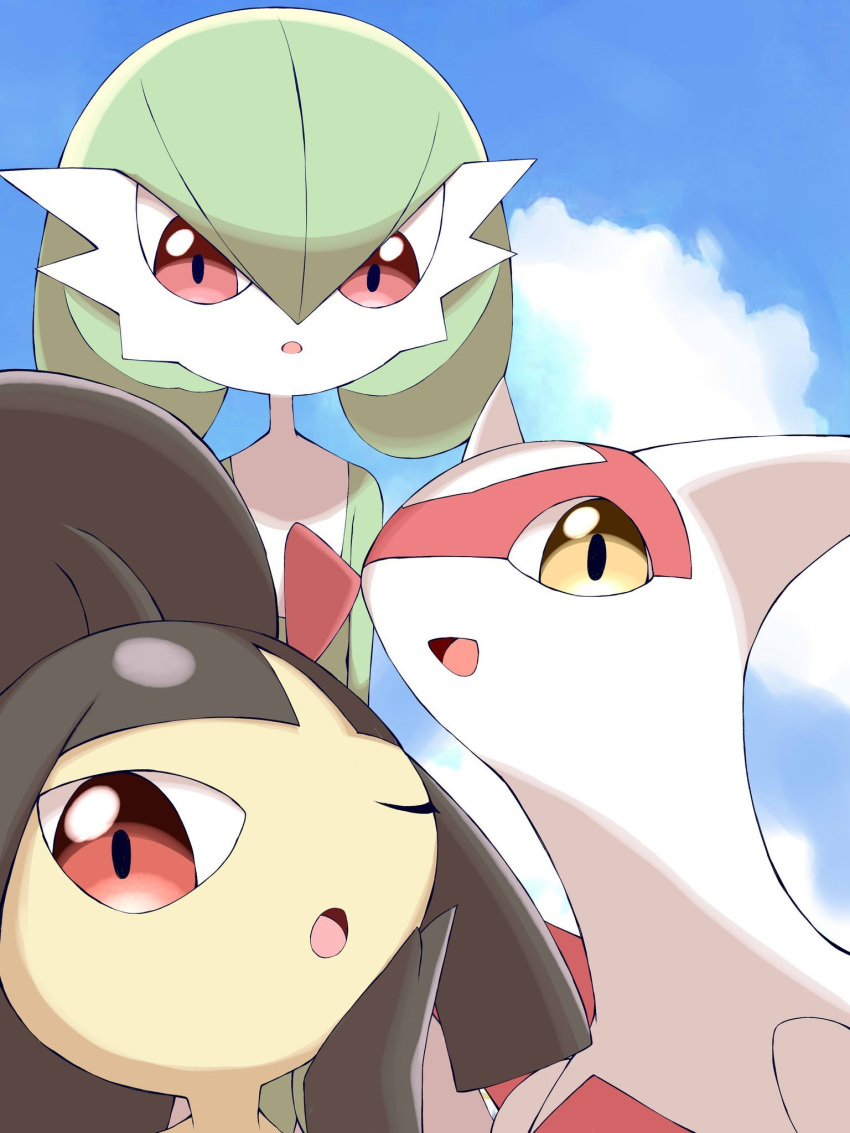 :o cloud commentary_request day from_below gardevoir gen_3_pokemon highres jahana_mei latias legendary_pokemon looking_at_viewer mawile no_humans one_eye_closed open_mouth outdoors pokemon pokemon_(creature) red_eyes sky smile yellow_eyes