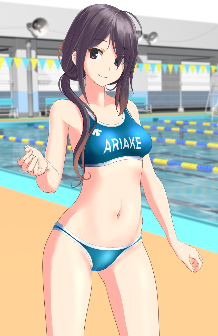 1girl absurdres ariake_(kantai_collection) bikini black_eyes black_hair blue_bikini breasts character_name contrapposto cowboy_shot gradient_hair highres kantai_collection logo long_hair medium_breasts megaphone multicolored_hair one-piece_swimsuit orange_hair outdoors pool purple_hair reward_available smile solo speedo_(company) sports_bra string_of_flags swimsuit takafumi