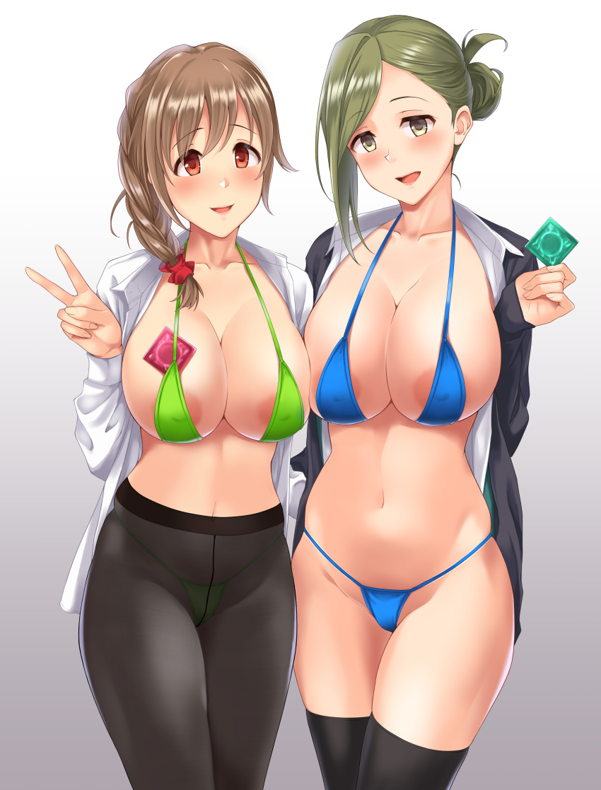 2girls absurdres areola_slip areolae bangs bikini black_legwear blue_bikini blush braid breasts brown_hair cleavage collarbone collared_shirt condom_wrapper dress_shirt folded_ponytail green_bikini green_eyes green_hair hair_over_shoulder highres idolmaster idolmaster_cinderella_girls idolmaster_shiny_colors jacket large_breasts looking_at_viewer medium_hair multiple_girls nanakusa_hazuki navel nishi_(count2.4) open_clothes open_jacket open_mouth open_shirt orange_eyes pantyhose senkawa_chihiro shirt single_braid smile swept_bangs swimsuit thighs white_shirt