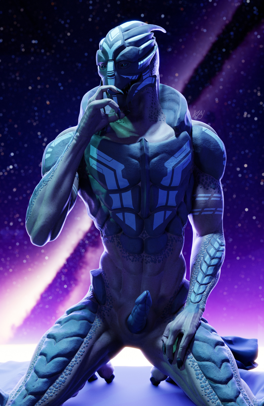 3d_(artwork) absurd_res alien bed blue_eyes digital_media_(artwork) furniture hand_on_butt hi_res kagekave kneeling looking_at_viewer male mass_effect muscular muscular_male nude on_bed solo space turian video_games