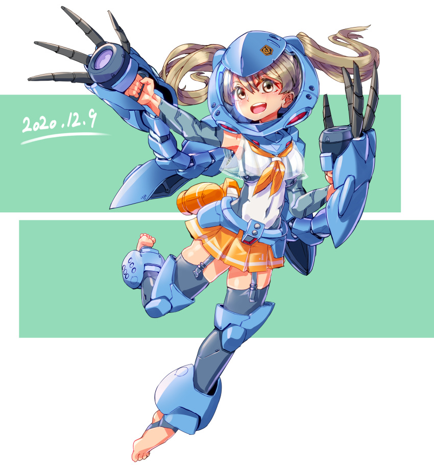 1girl absurdres ag_00000 barefoot breasts brown_eyes brown_hair claws clenched_hands covered_navel dated floating_hair gundam gundam_0080 hair_behind_ear helmet highres hygogg mecha_musume medium_breasts skirt thighhighs twintails yellow_skirt