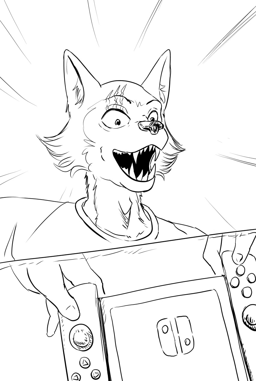 2020 absurd_res anthro beastars black_and_white canid canine canis clothed clothing comic controller ffog game_controller happy hi_res joycon_controller legoshi_(beastars) male mammal monochrome nintendo nintendo_controller nintendo_switch open_mouth open_smile scar sharp_teeth shirt smile solo teeth topwear video_games wolf