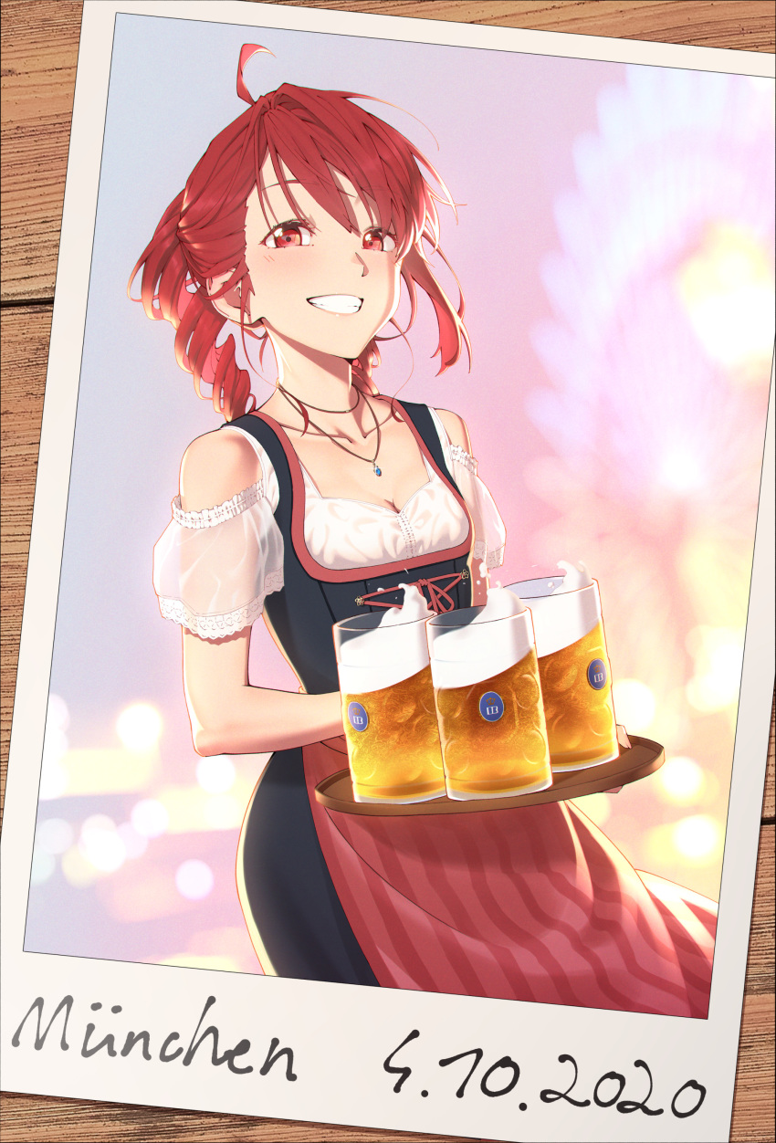 1girl absurdres ahoge alcohol apron barmaid beer beer_mug black_dress collarbone commentary cowboy_shot cup dated dress drill_hair grin highres holding holding_tray jewelry kasane_teto lips medium_hair mug necklace photo_(object) red_apron red_eyes red_hair see-through_sleeves short_sleeves smile solo splashing tray twin_drills utau yasutange