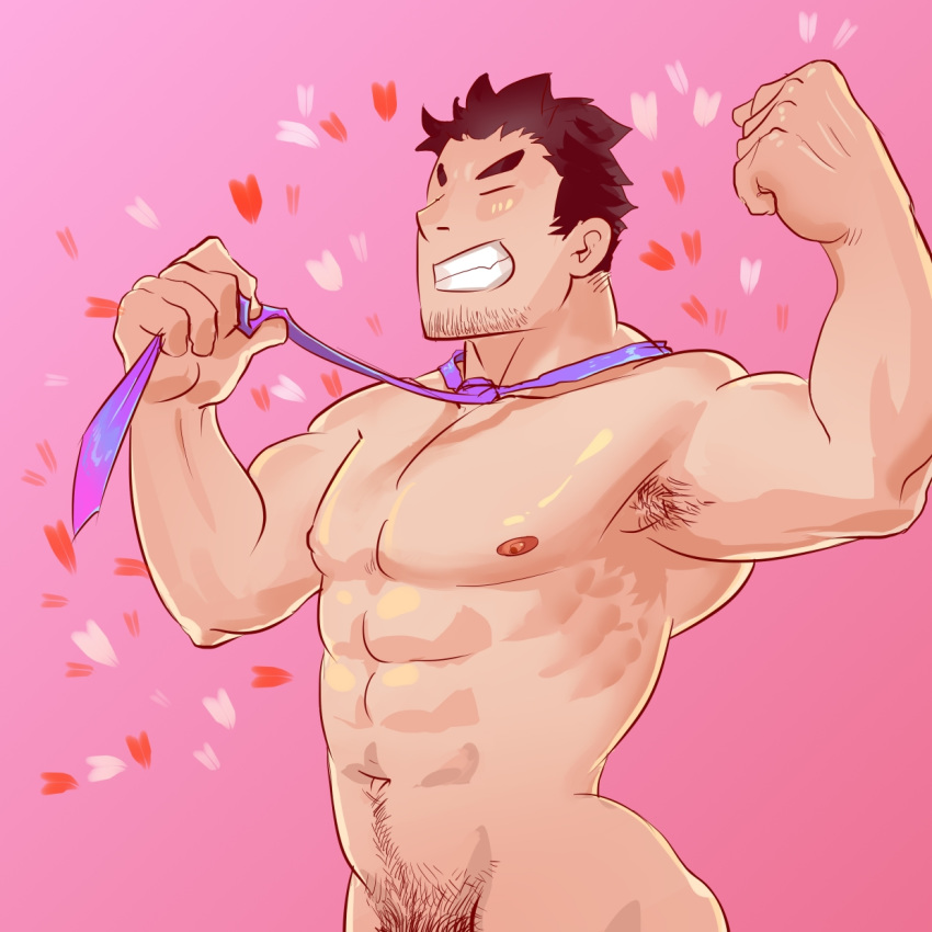 1boy abs armpit_hair armpits ass bara biceps black_hair blush bucephalus.tvt clenched_teeth facial_hair flexing hands_up heart highres male_focus male_pubic_hair muscle naked_necktie navel navel_hair nipples nude original pectorals pink_background pose pubic_hair purple_neckwear short_hair solo stubble teeth