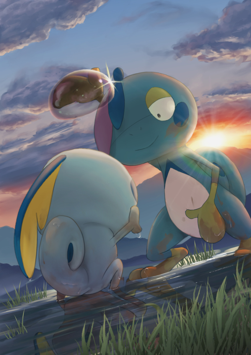 closed_mouth cloud commentary_request dirty drizzile gen_8_pokemon grass half-closed_eyes highres looking_at_another no_humans outdoors pokemon pokemon_(creature) purobe sky smile sobble standing toes twilight wet