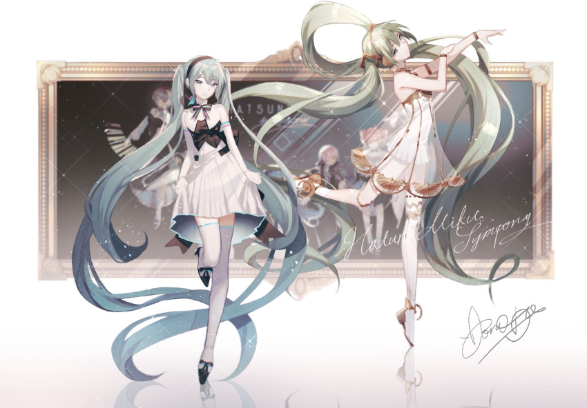 2girls annotated aono_99 aqua_eyes aqua_hair armlet artist_self-reference ballet ballet_dress ballet_slippers black_ribbon black_shirt bracelet commentary copyright_name dual_persona elbow_gloves floating_hair floral_print full_body gloves gold_trim green_eyes green_hair hair_ornament hairband hatsune_miku highres instrument jewelry kasane_teto keyboard_(instrument) long_hair looking_at_viewer megurine_luka meiko miku_symphony_(vocaloid) multiple_girls music neck_ribbon painting playing_instrument pleated_skirt reflection ribbon see-through_dress shirt signature skirt smile standing standing_on_one_leg thighhighs tiptoes twintails utau very_long_hair violin vocaloid white_background white_gloves white_legwear white_skirt wide_shot