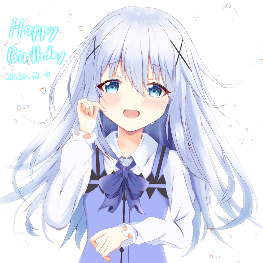 1girl 2020 :d bangs blue_eyes blue_neckwear blue_vest blush collared_shirt dated eyebrows_visible_through_hair floating_hair gochuumon_wa_usagi_desu_ka? hair_between_eyes hair_ornament happy_birthday highres kafuu_chino long_hair long_sleeves looking_at_viewer open_mouth rabbit_house_uniform shirt silver_hair smile solo standing upper_body vest vuiora white_background white_shirt wing_collar x_hair_ornament