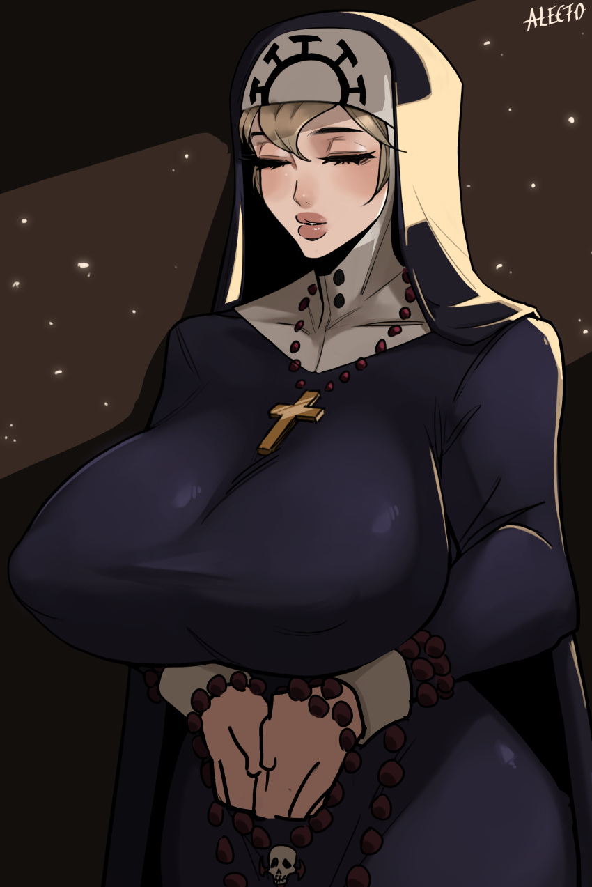 1girl absurdres alecto_0 arms_under_breasts artist_name beads blonde_hair breasts brown_background closed_eyes closed_mouth covered_nipples cross double_(skullgirls) eyebrows eyebrows_visible_through_hair eyelashes highres huge_breasts light lips nun platinum_blonde_hair prayer_beads skull skullgirls
