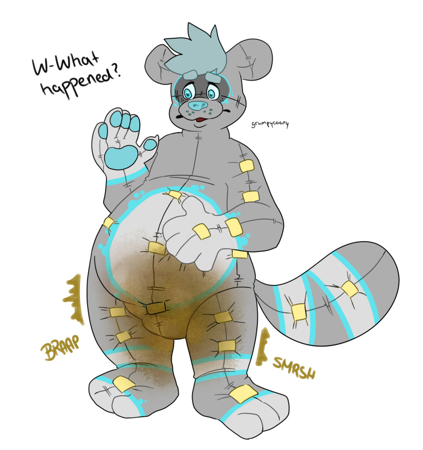 absurd_res animate_inanimate anthro blue_hair confusion diaper diaper_creature dirty fart feces grumpycoony hair hi_res male messing ollie_(grumpycoony) overweight overweight_anthro overweight_male plushie scat slightly_chubby smelly soiling solo surprise thick_tail transformation