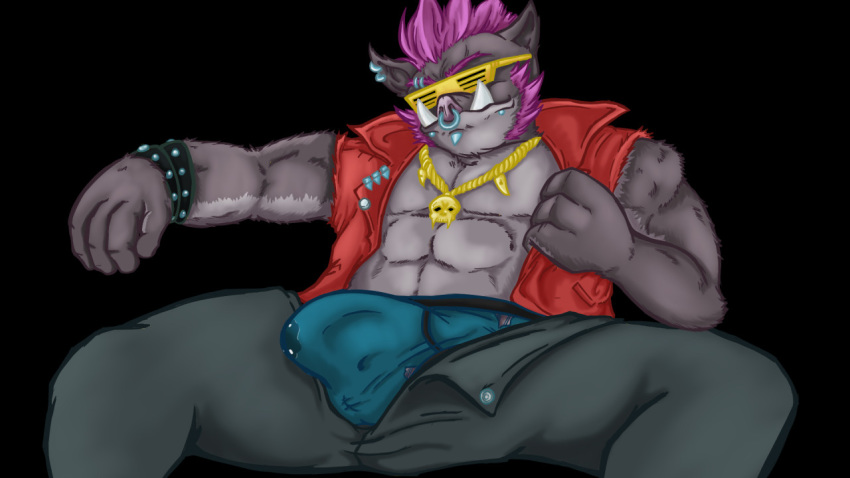 16:9 anthro bebop bodily_fluids bottomwear briefs bulge clothed clothing eyewear fur genital_fluids humanoid male mammal muscular muscular_male open_bottomwear open_clothing open_pants pants piercing precum seamaster solo suid suina sunglasses teenage_mutant_ninja_turtles underwear warthog widescreen