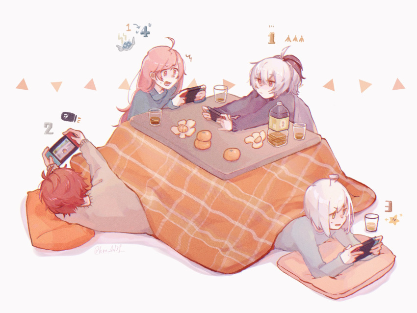 2boys 2girls ahoge androgynous banana_peel blue_shell blue_sweater bottle brown_sweater bullet bullet_bill commentary cup cushion flower_(vocaloid) food fruit fukase futon handheld_game_console highres holding holding_handheld_game_console long_hair lying mandarin_orange mario_kart mi_no_take multicolored_hair multiple_boys multiple_girls nintendo_switch on_side on_stomach open_mouth orange_peel pillow pink_eyes pink_hair playing_games purple_hair purple_sweater red_hair sf-a2_miki short_hair smile streaked_hair sweater symbol_commentary under_table utatane_piko v_flower_(vocaloid4) vocaloid white_background white_hair zabuton