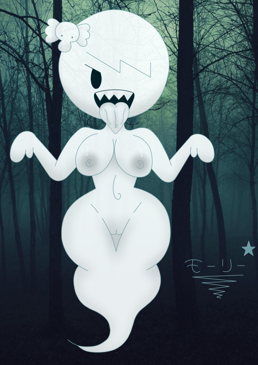 absurd_res accessory breasts carrie_krueger cartoon_network female genitals ghost hair hair_accessory hi_res humanoid looking_at_viewer mammal night nipples not_furry nude open_mouth outside plant pussy smile solo spirit superstarplasma teeth the_amazing_world_of_gumball thick_thighs tongue tongue_out tree wide_hips