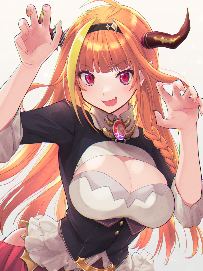 1girl ahoge bangs black_bow black_hairband black_jacket black_legwear blonde_hair blunt_bangs blush bow bowtie braid breasts bright_pupils brooch chain chain_necklace claw_pose cleavage cleavage_cutout clothing_cutout collared_shirt dragon_girl dragon_horns dragon_wings eyebrows_visible_through_hair fang fingernails fujishima02 gradient_eyes hair_ornament hairband highlights highres hip_vent hololive horn_bow horns jacket jewelry kiryuu_coco large_breasts long_hair looking_at_viewer multicolored multicolored_bow multicolored_eyes multicolored_hair nail_polish open_mouth orange_hair pleated_skirt pointy_ears purple_eyes red_eyes red_skirt shirt side-tie_skirt simple_background single_braid skin_fang skirt smile solo streaked_hair striped tail upper_body virtual_youtuber white_background white_bow white_shirt wings