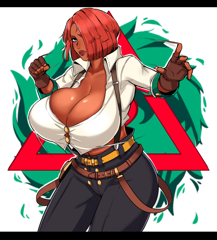 1girl absurdres alecto_0 belt black_pants blue_eyes breasts brown_belt clenched_hand dark_skin dark_skinned_female fighting_stance giovanna_(guilty_gear) gold_belt guilty_gear guilty_gear_strive hair_over_one_eye highres huge_breasts pants police_badge suspenders thighs triangle white_background