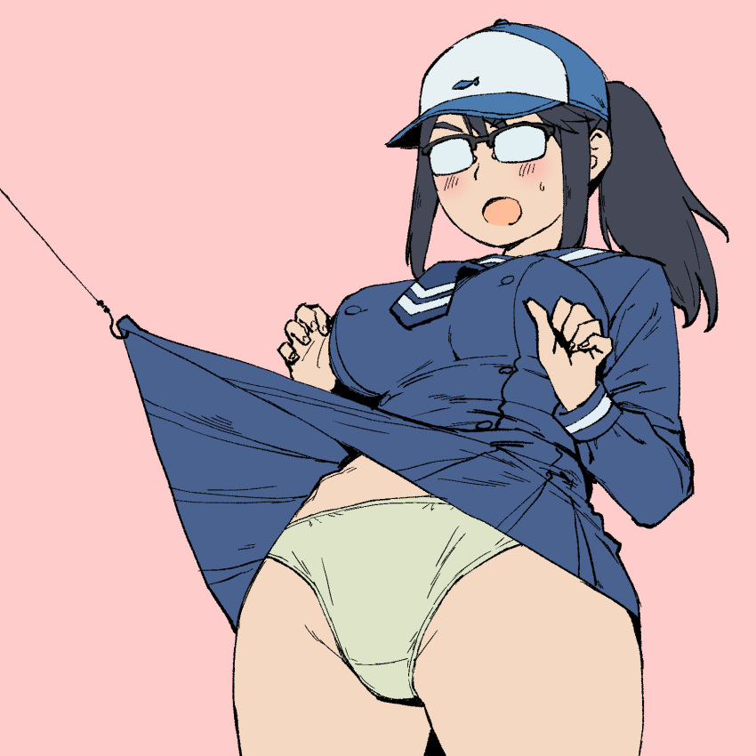 1girl bangs baseball_cap black-framed_eyewear blue_dress blue_headwear blue_neckwear blush commentary crotch_seam dress fishing_hook fishing_line frown glasses green_panties hat highres houkago_teibou_nisshi lifted_by_another long_sleeves looking_at_viewer medium_hair necktie onsen_tamago_(hs_egg) oono_makoto opaque_glasses open_mouth over-rim_eyewear panties pink_background pleated_dress ponytail sailor_dress semi-rimless_eyewear short_dress sidelocks simple_background solo standing sweatdrop underwear