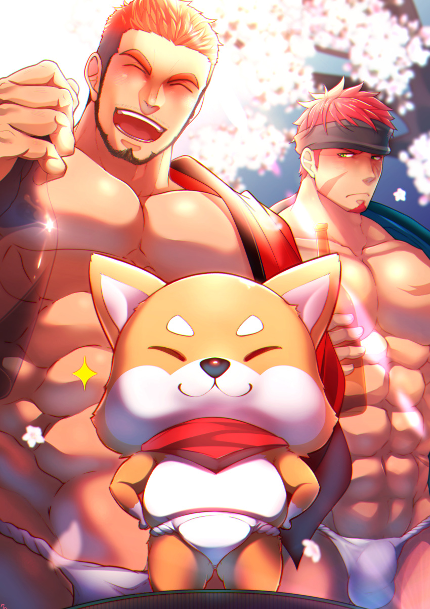 2boys abs absurdres bara bare_pecs beard black_hair blush bottle brown_hair cherry_blossoms closed_eyes creature drunk facial_hair fundoshi green_eyes gyee headband highres holding holding_bottle huge_filesize japanese_clothes kimono kuro_(shiranui) looking_at_another male_focus mascot multicolored_hair multiple_boys muscle musso_(gyee) navel open_clothes open_kimono open_mouth orange_hair pectorals rand_(gyee) red_hair red_kimono revealing_clothes scar smile sparkle standing upper_body