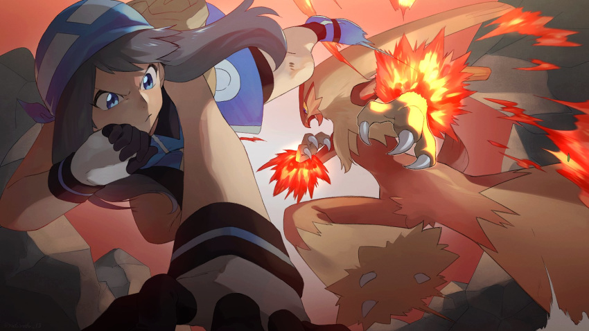 1girl bangs black_hair black_legwear blaziken blue_bandana blue_eyes claws commentary_request fire floating_hair gen_3_pokemon gloves highres looking_to_the_side motion_blur pokemon pokemon_(creature) pokemon_adventures rozu_ki sapphire_birch shoes socks