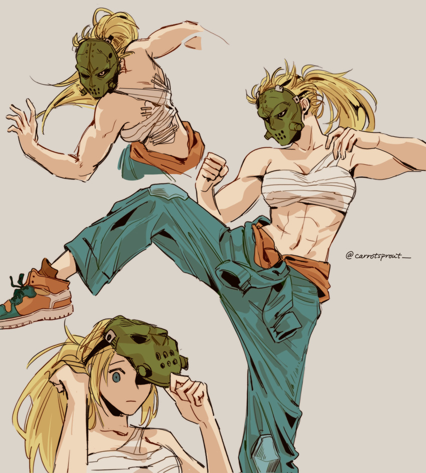 1girl abs bandages bare_shoulders blonde_hair carrotsprout dorohedoro foot_out_of_frame grey_background highres hockey_mask leg_up long_hair looking_at_viewer mask midriff multiple_views nikaidou_(dorohedoro) orange_footwear ponytail sarashi shoes simple_background twitter_username