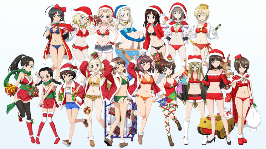 6+girls ahoge antlers ass bangs bare_legs bare_shoulders bell bikini black_hair blonde_hair blue_eyes blue_swimsuit blush boko_(girls_und_panzer) boots bow braid breasts brown_eyes brown_hair capelet choker christmas clara_(girls_und_panzer) cleavage coat collarbone crown darjeeling_(girls_und_panzer) dress eyebrows_visible_through_hair fukuda_(girls_und_panzer) full_body fur-trimmed_boots fur-trimmed_coat fur-trimmed_headwear fur-trimmed_hood fur-trimmed_jacket fur_trim gift gingerbread_man girls_und_panzer girls_und_panzer_senshadou_daisakusen! glasses green_swimsuit groin haiiro_purin hair_bow hat high_heels highres hood isobe_noriko isuzu_hana jacket kawanishi_shinobu kay_(girls_und_panzer) kondou_taeko koyama_yuzu legs long_hair looking_at_viewer matryoshka_doll megumi_(girls_und_panzer) multiple_girls navel nekonyaa_(girls_und_panzer) nishi_kinuyo nishizumi_maho nishizumi_shiho o-ring o-ring_bikini official_art one_eye_closed opaque_glasses open_mouth orange_swimsuit oshida_(girls_und_panzer) ponytail red_swimsuit reindeer_antlers ribbon sack santa_bikini santa_hat sasaki_akebi shimada_chiyo short_dress short_hair short_shorts shorts side-tie_bikini sitting smile swimsuit thighhighs thighs third-party_edit twin_braids volleyball