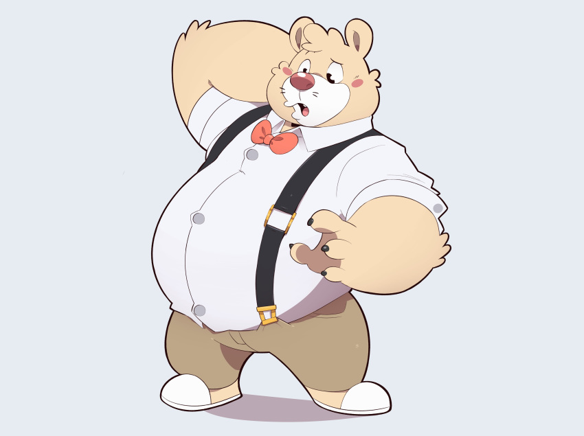 2020 absurd_res american_black_bear anthro belly bennycartoonist black_bear blush bottomwear bow_tie breeze_in_the_clouds clothing hi_res kermode_bear male mammal overweight overweight_anthro overweight_male pants pile_(breeze_in_the_clouds) shirt simple_background solo suspenders topwear ursid ursine