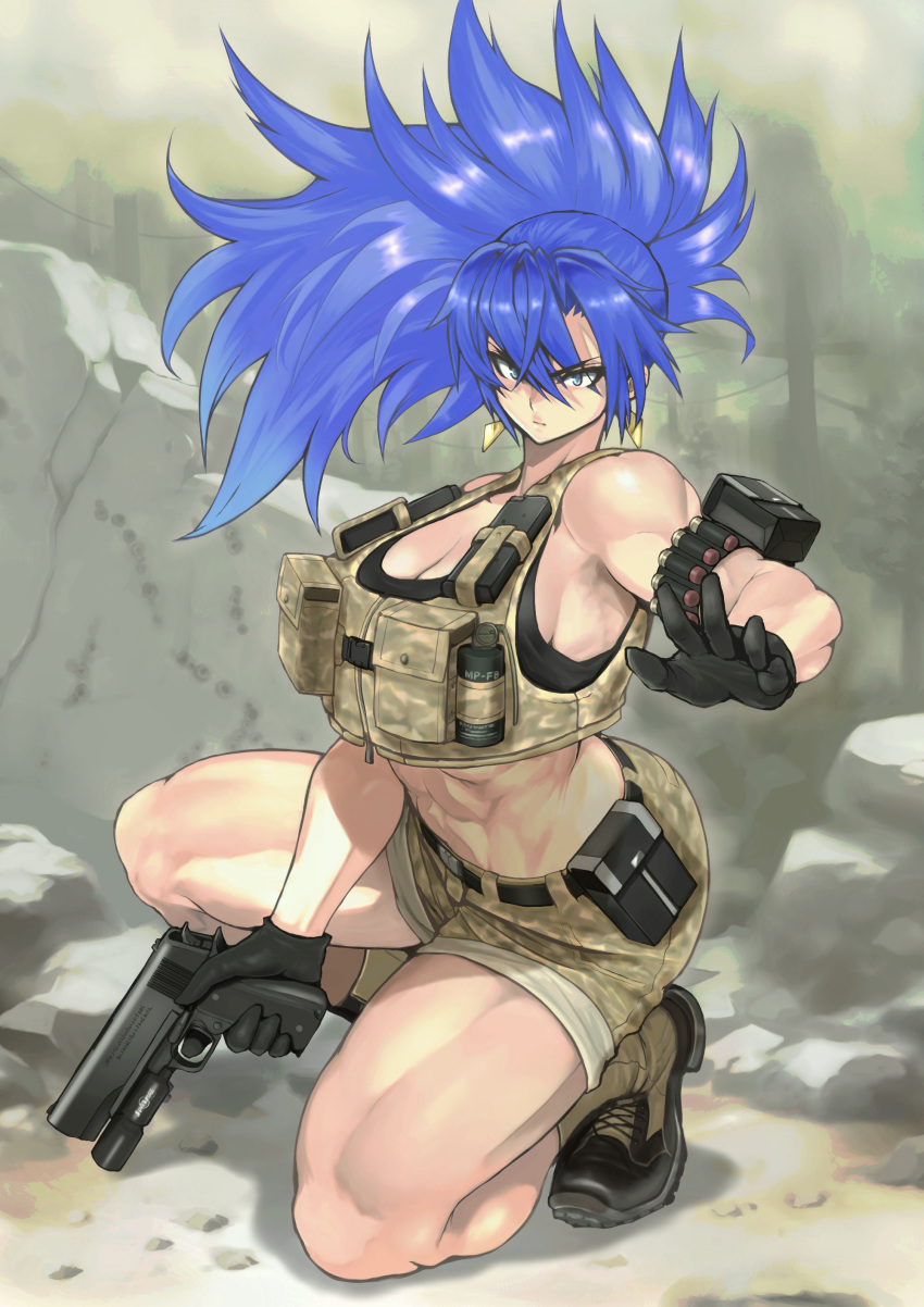 1girl abs absurdres alternate_costume anagumasan bandolier biceps big_hair black_gloves black_sports_bra blue_eyes blue_hair boots breasts camouflage camouflage_shorts cleavage combat_boots earrings finger_on_trigger full_body gloves gun handgun highres jewelry laser_sight leona_heidern load_bearing_vest looking_at_viewer m1911 midriff military_operator muscle muscular_female one_knee ponytail pouch serious shorts solo sports_bra the_king_of_fighters thick_thighs thighs triangle_earrings vest weapon