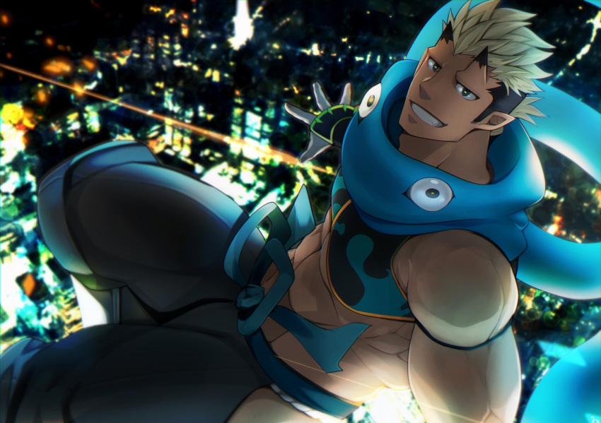 1boy abs bara bare_shoulders black_pants blonde_hair blue_scarf chest_harness cityscape harness highres horns jiraiya_(tokyo_houkago_summoners) kuro_(shiranui) looking_at_viewer male_focus muscle oni_horns pants pectorals scarf short_hair sideburns skin-covered_horns smile solo stomach thick_thighs thighs tight tokyo_houkago_summoners